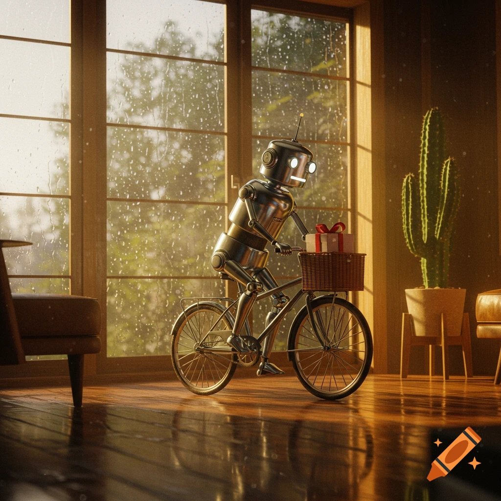 A metallic robot rides a bicycle with a gift basket in a sunlit room, rain visible on the large window, next to a large potted cactus.