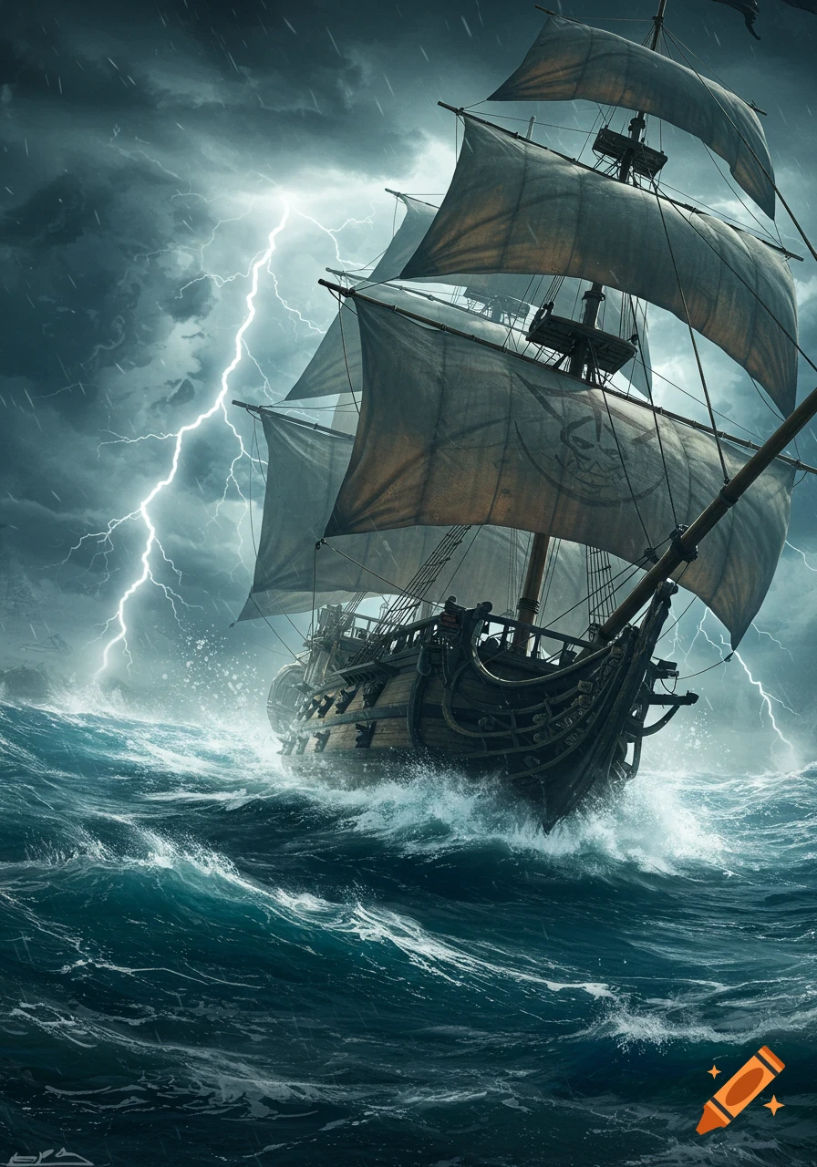A pirate ship with dark sails navigates a turbulent, stormy ocean under a lightning-filled, dark sky. Rain falls as waves crash against the hull, and bright lightning strikes illuminate the scene.