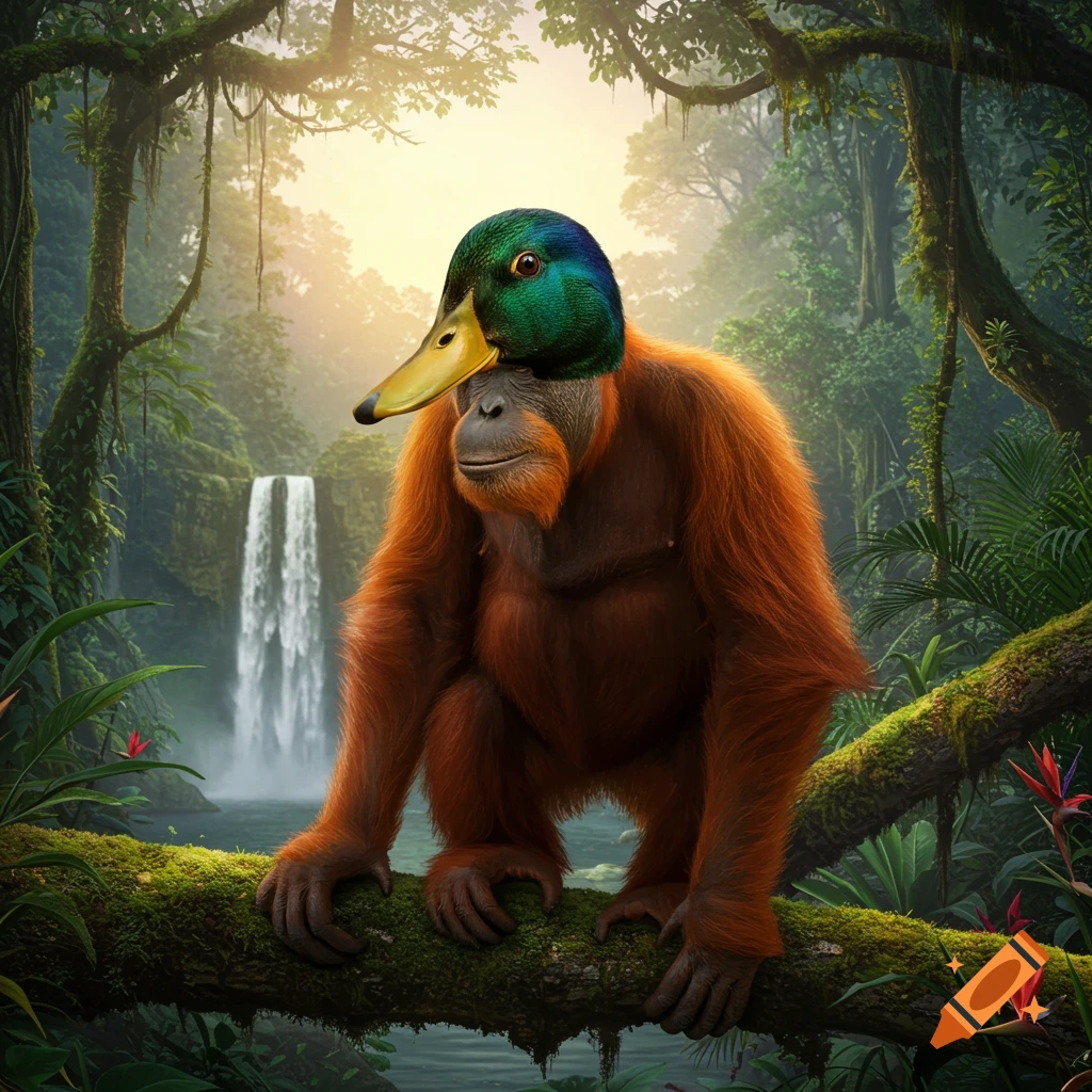 An orangutan with a green-headed duck's head sits on a mossy log in a lush jungle, with a waterfall in the background.