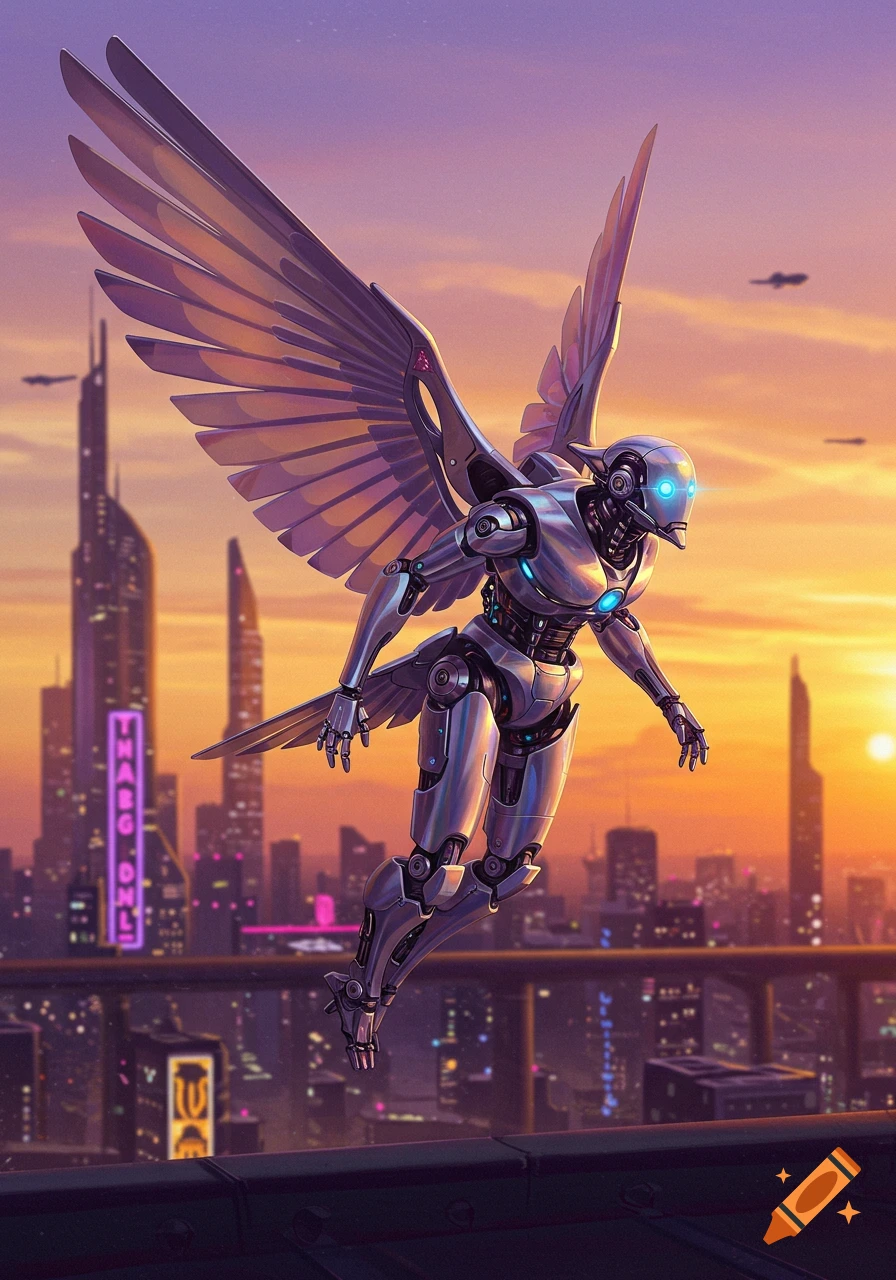 A winged robot soars over a futuristic city during a vibrant sunset.