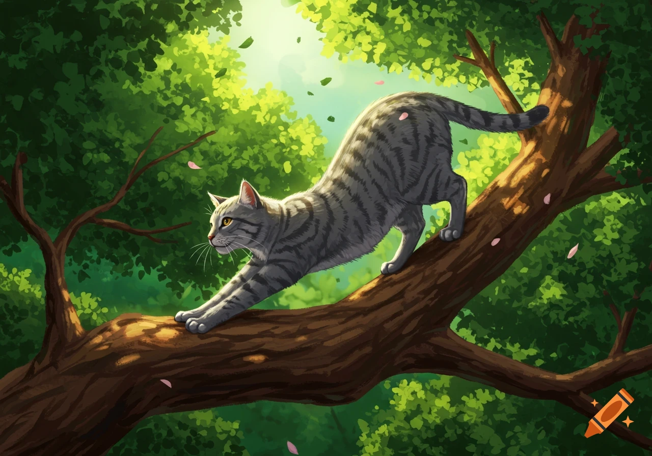 A grey tabby cat with a white nose stretches on a tree branch in a bright, lush forest illustration with pink petals falling.