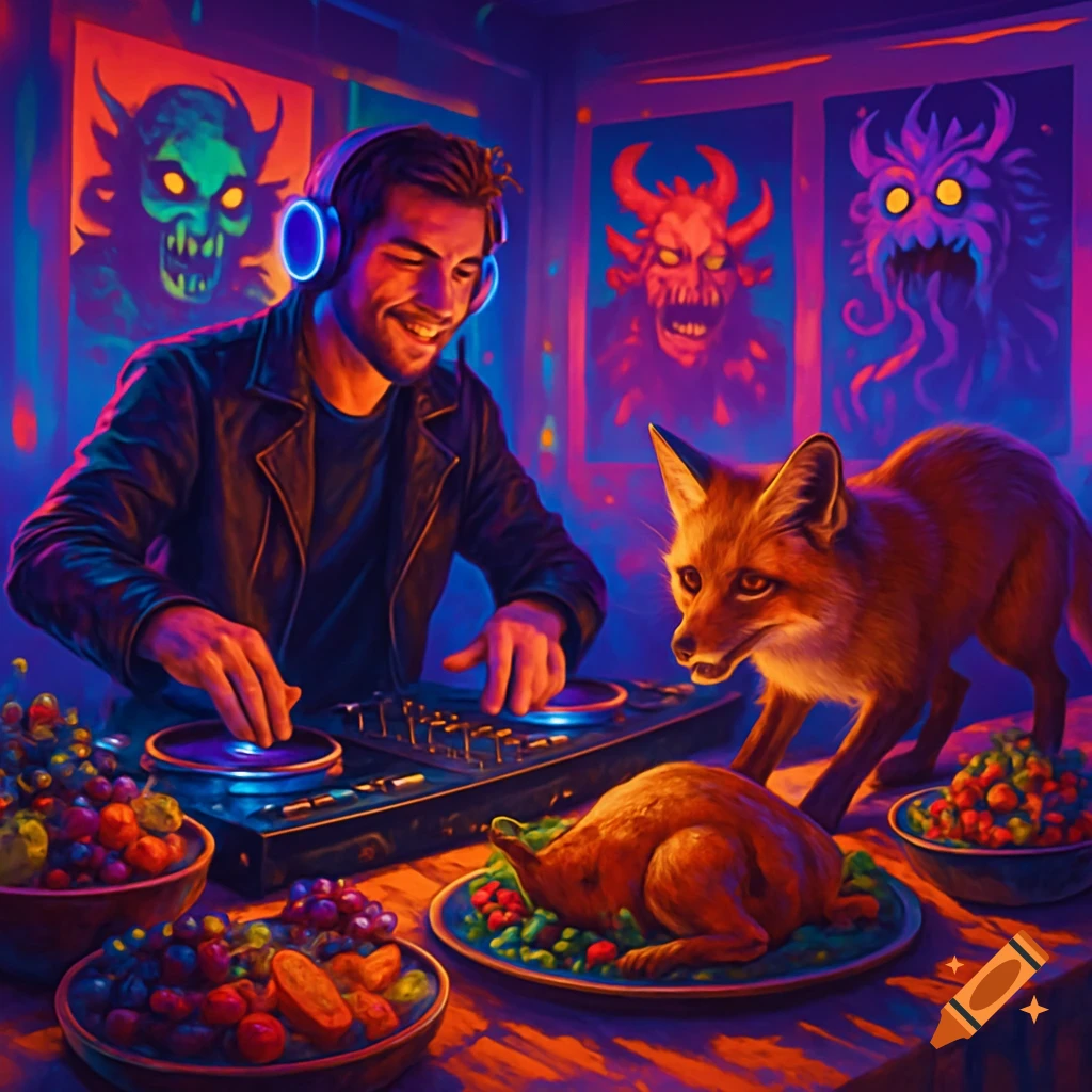 A smiling DJ mixes music in a neon-lit room with monster posters, as a fox eyes a feast on a table.