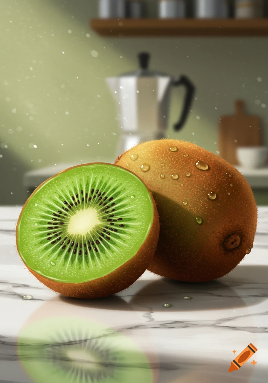 Drawing of two kiwis, one cut open, with water droplets on a marble counter in a kitchen setting.