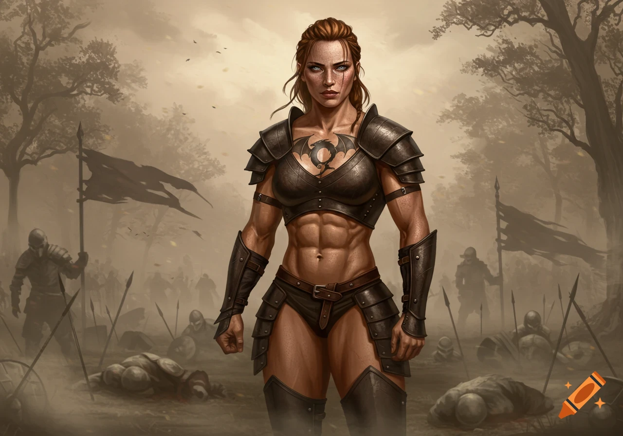 A muscular female warrior with dark ginger hair and a dragon tattoo on her chest stands on a misty battlefield surrounded by fallen soldiers.