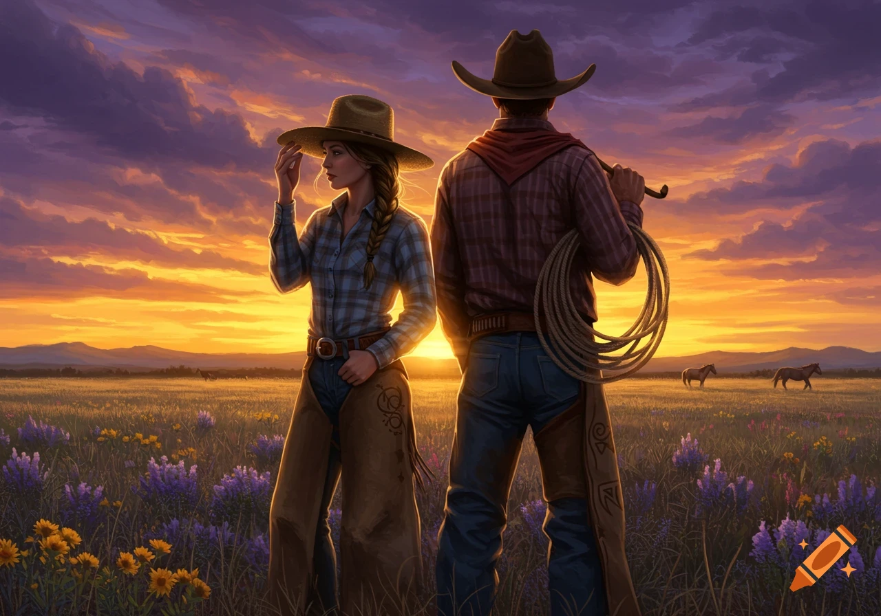 A cowboy and cowgirl stand in a field of wildflowers at sunset, with horses in the distance. The sky is dramatic with orange and purple clouds.