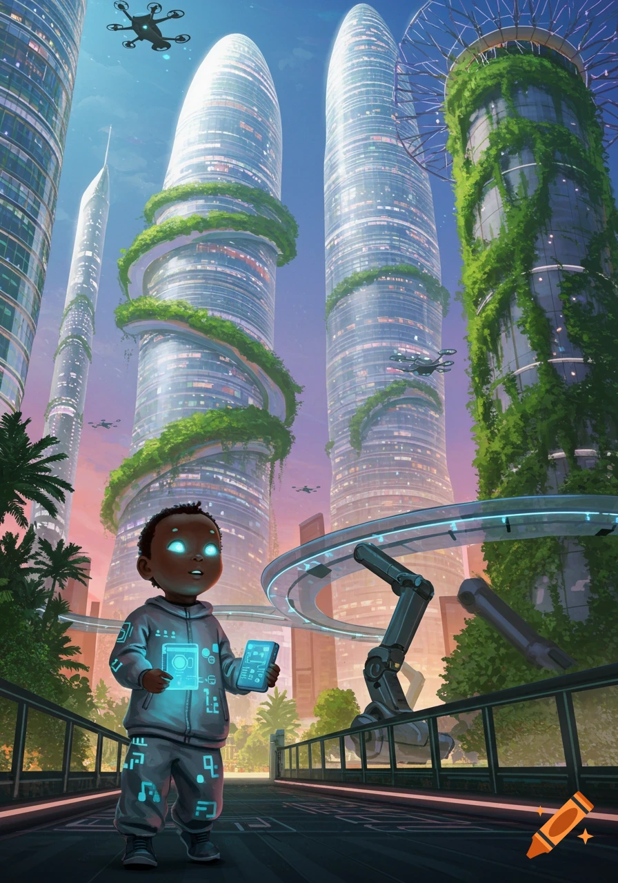 A young child with glowing eyes and tech stands in a vibrant, futuristic city with green skyscrapers, drones, and elevated pathways.