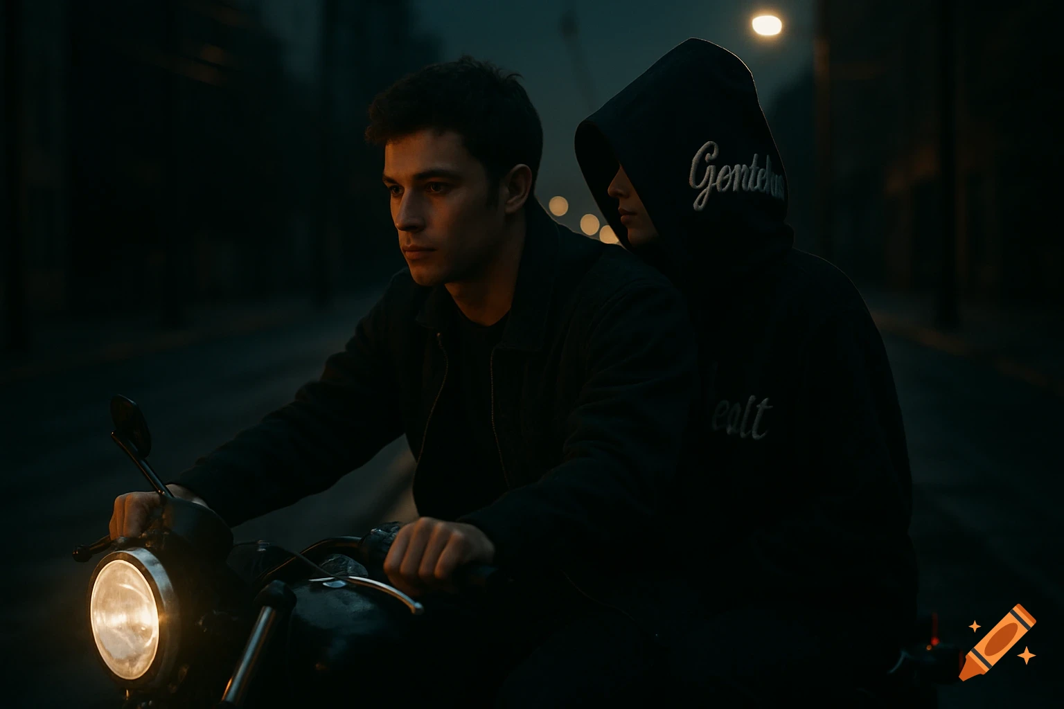 A young man and woman riding a motorcycle on a dark, moody urban street at night, with streetlights in the background.