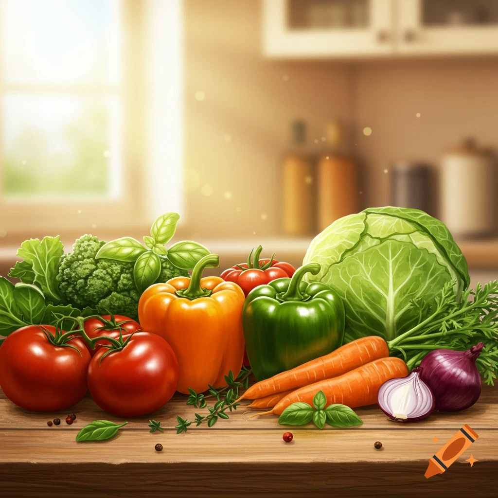 A colorful assortment of fresh vegetables including tomatoes, bell peppers, cabbage, carrots, and onions on a wooden kitchen counter.