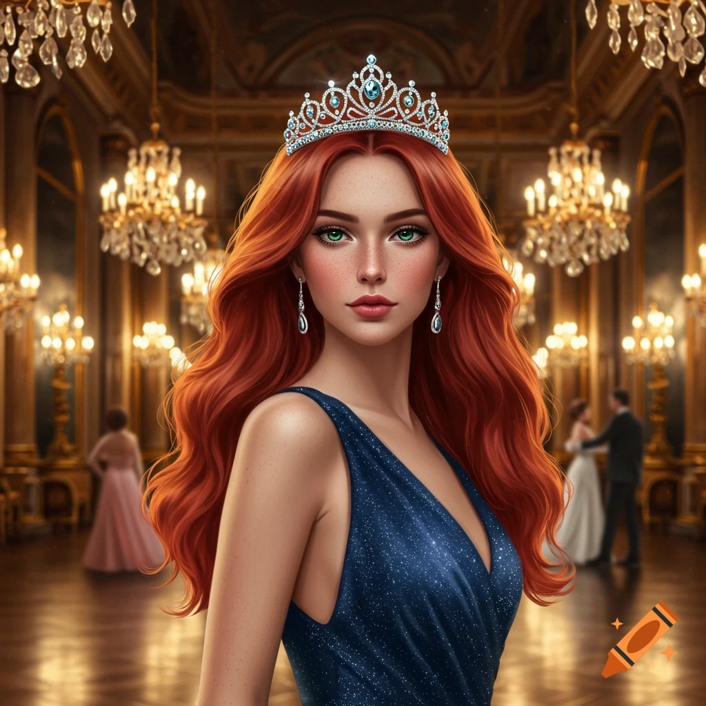 A stunning red-haired woman with green eyes, wearing a sparkling tiara and a dark blue gown, stands in a grand ballroom with chandeliers.