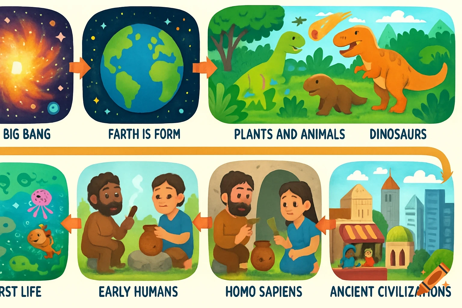 A colorful cartoon timeline illustrating the history of the universe and life, from the Big Bang to ancient civilizations.