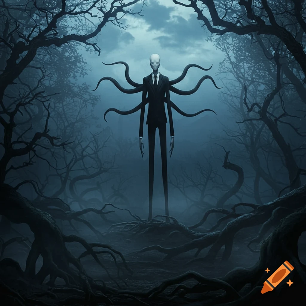 A tall, faceless figure in a dark suit with tentacles stands in a misty, gnarled forest.