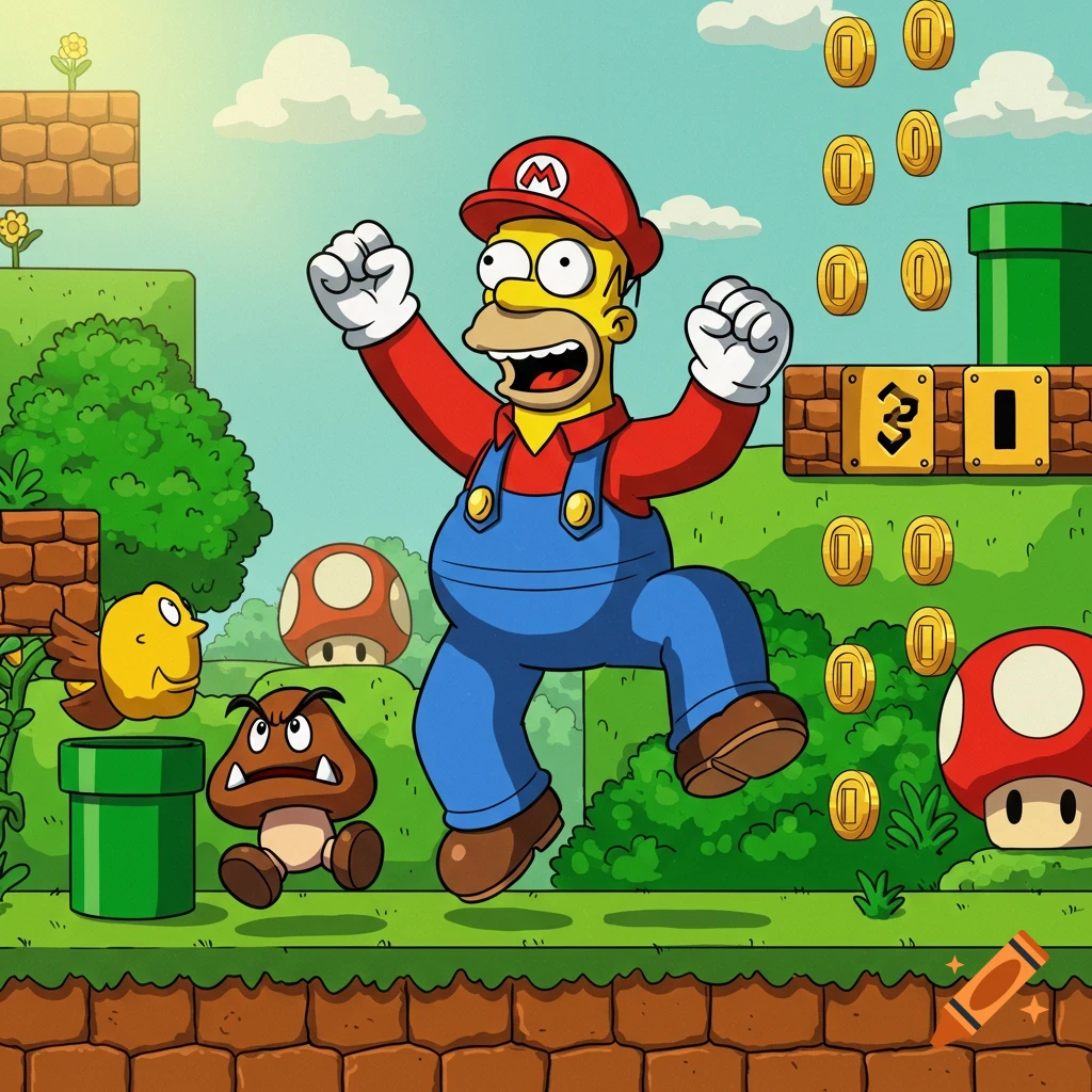 Homer Simpson dressed as Mario jumps in a vibrant Super Mario Bros. level with coins, Goombas, and mushrooms.