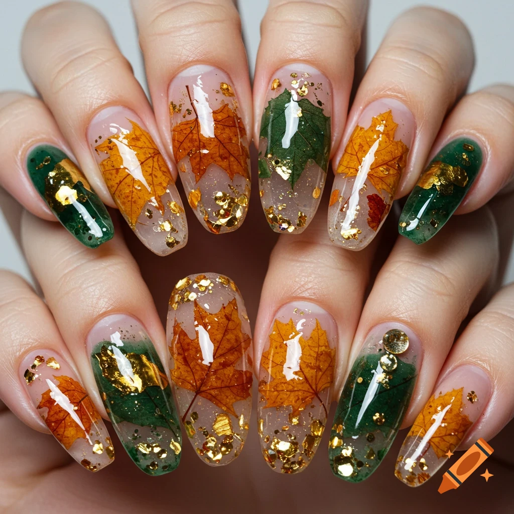 Close-up of hands with clear acrylic nails featuring encapsulated dried autumn leaves, glitter, and gold flakes, alternating with solid green nails.