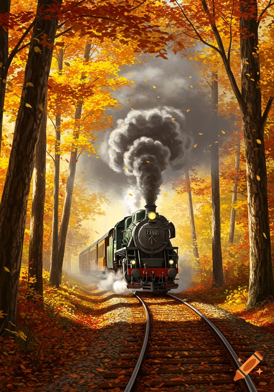 A steam locomotive travels through a vibrant autumnal forest with yellow and orange leaves, in an illustrative style.