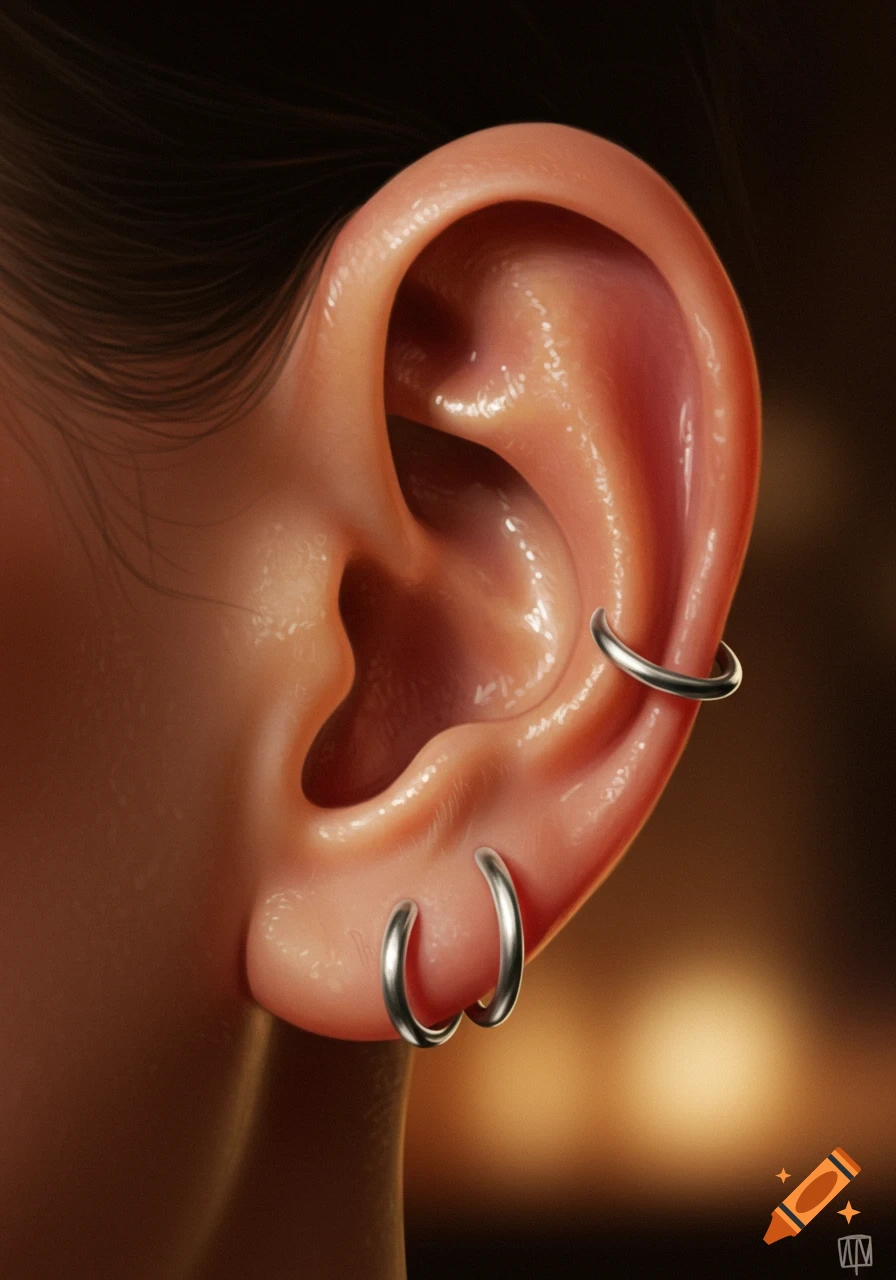 Close-up of a human ear featuring a helix piercing and two lobe hoop piercings in a photorealistic style.