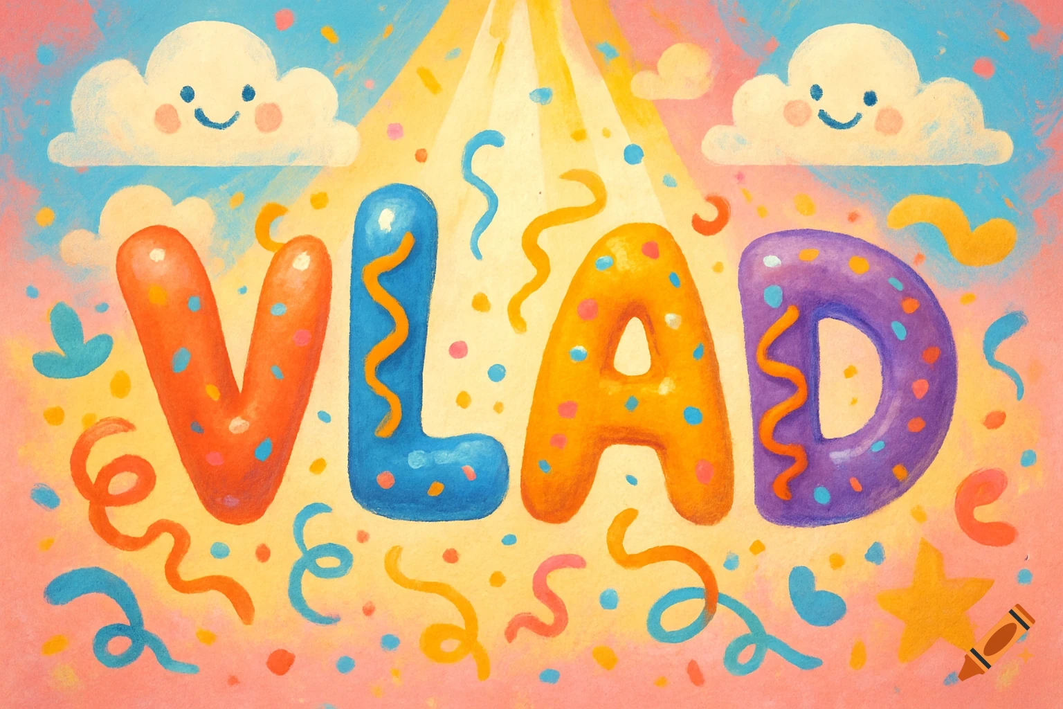 Colorful, sprinkle-covered bubble letters spelling 'VLAD' amidst confetti and smiling clouds, in a cheerful children's illustration style.