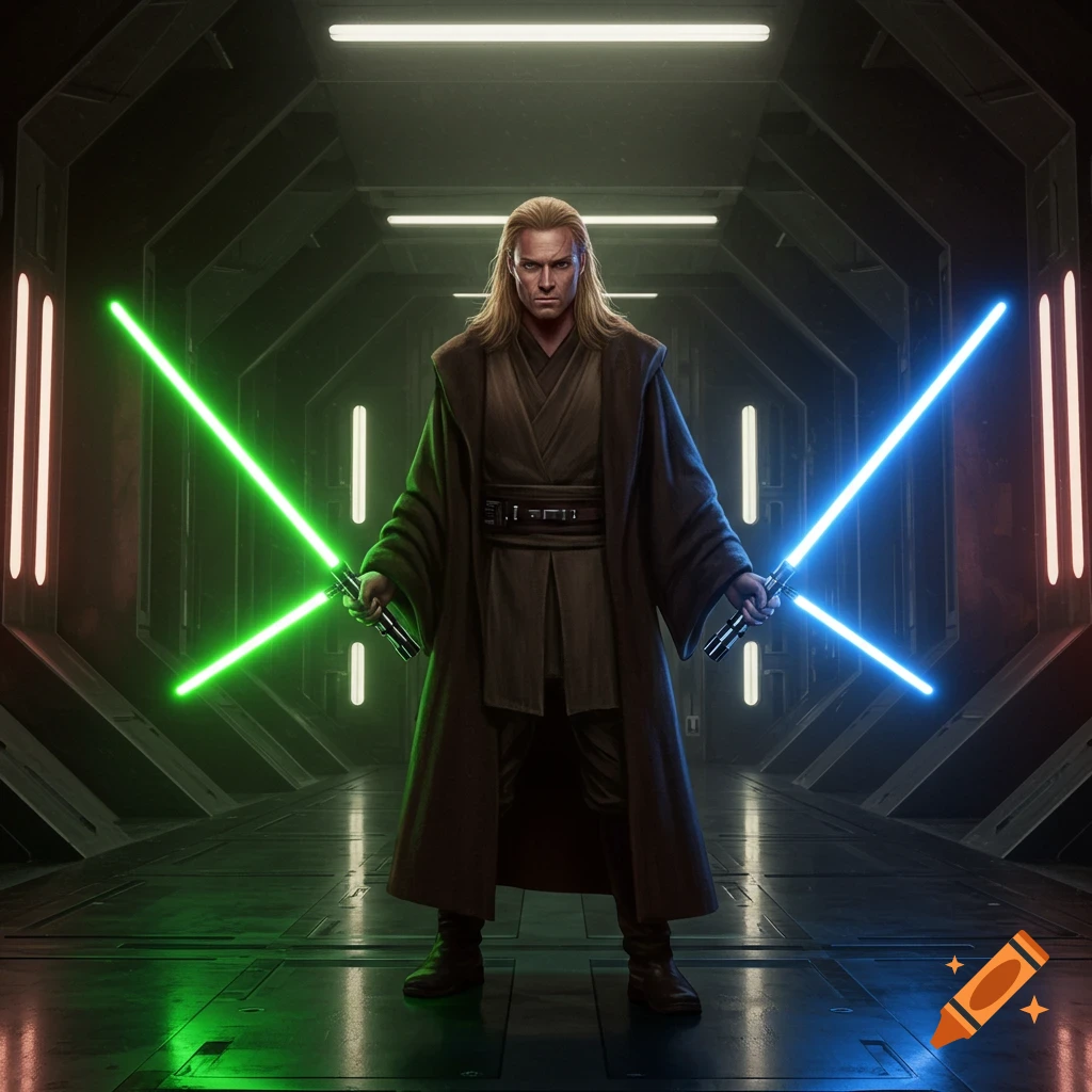 A long-haired blonde male Jedi in dark robes holds a green and a blue lightsaber in a futuristic corridor.