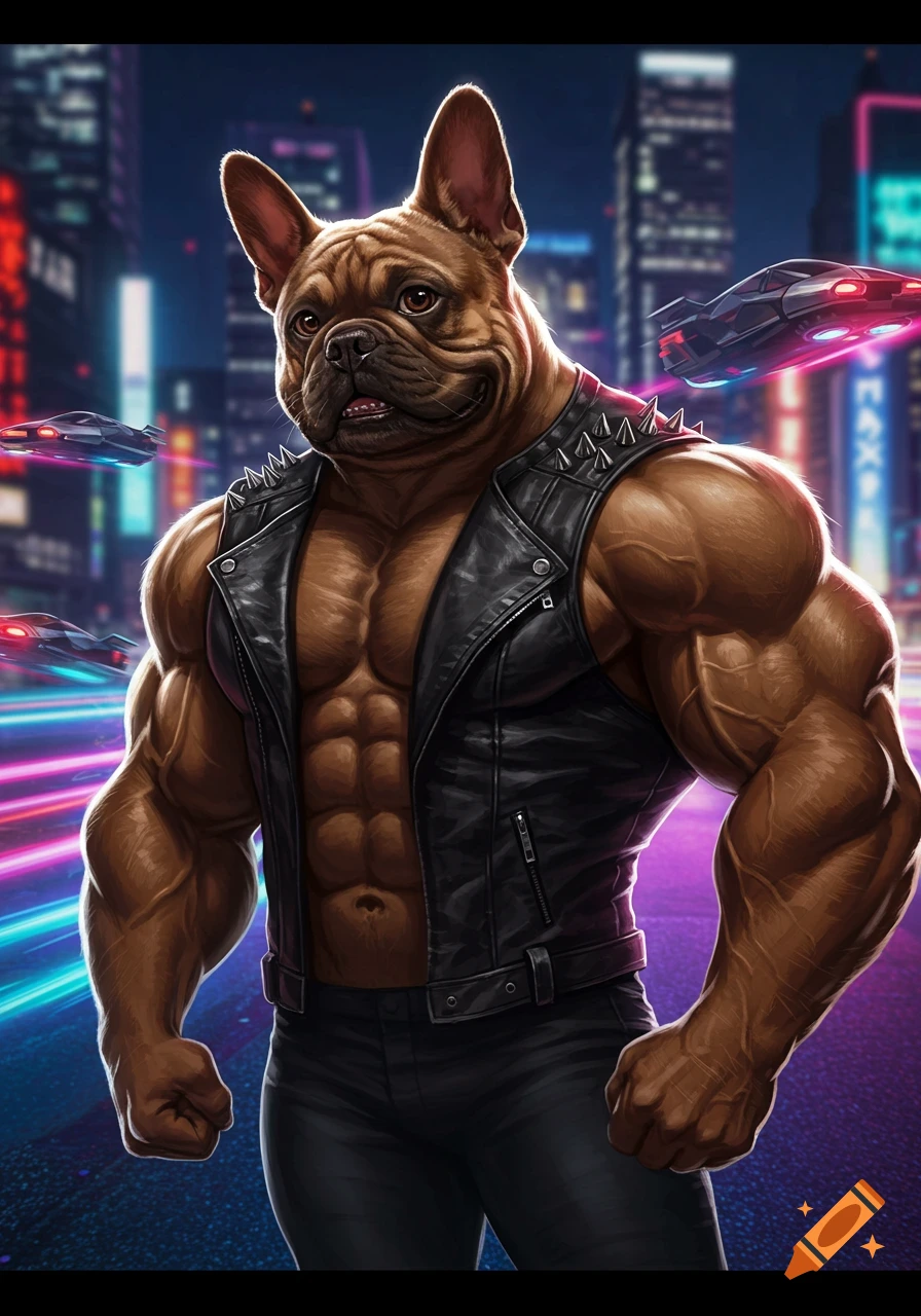A muscular, anthropomorphic brown French bulldog in a black leather vest and pants stands in a neon-lit cyberpunk city.