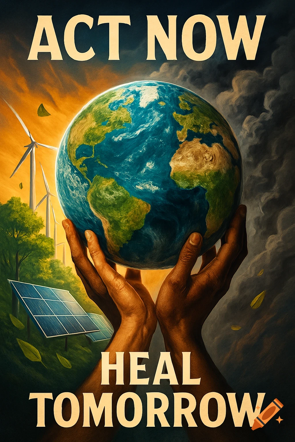 A poster depicting hands holding Earth, with wind turbines, solar panels, and text "ACT NOW HEAL TOMORROW" against a changing sky.