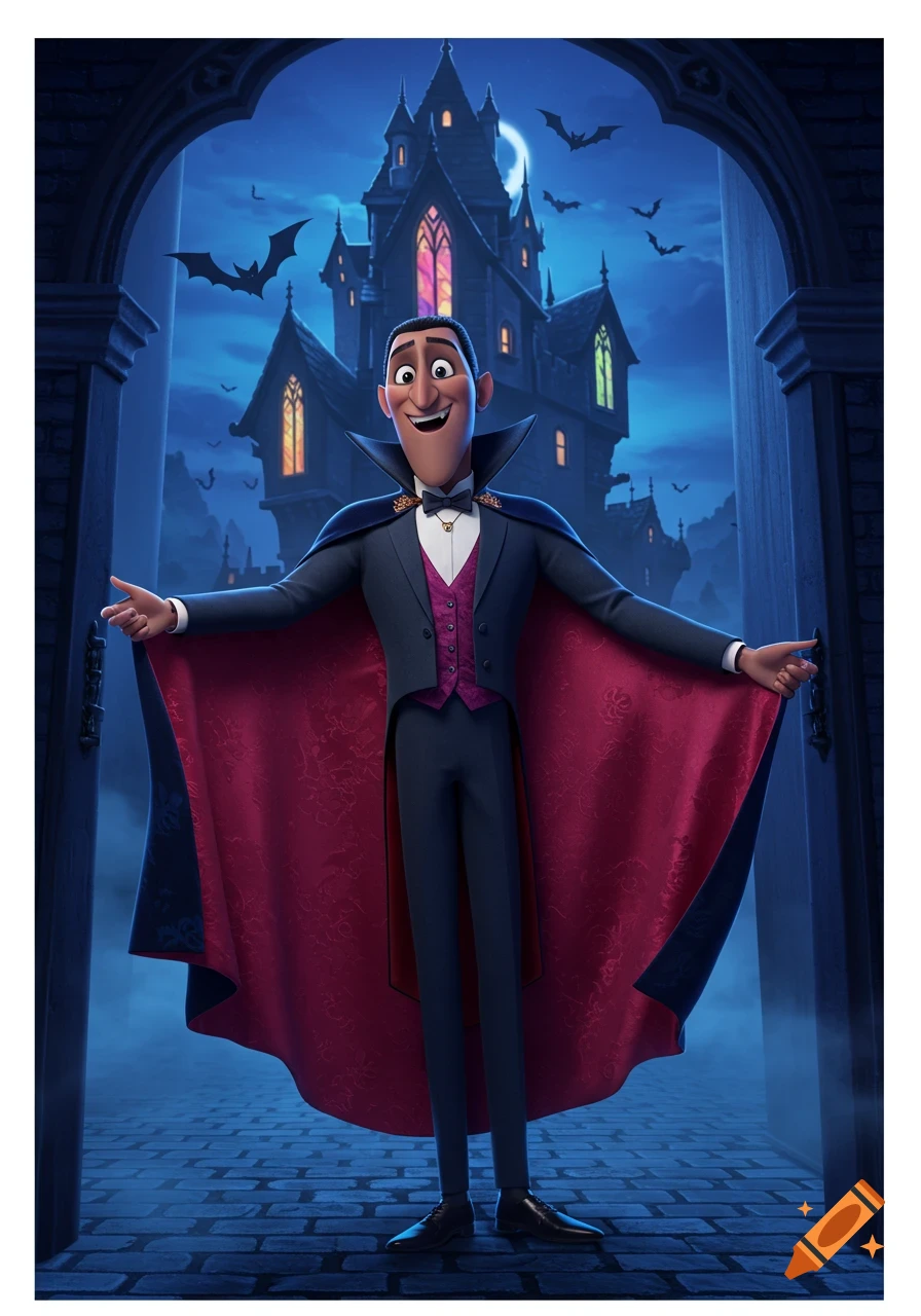 Animated Count Dracula stands arms open in front of a gothic castle at night with bats and a full moon.