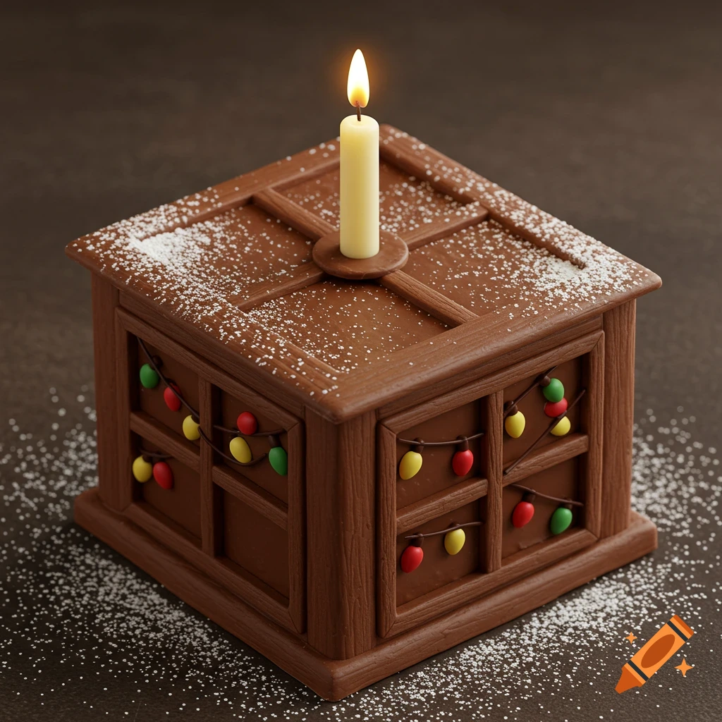A photorealistic chocolate cake shaped like a windowed house, with a lit candle, powdered sugar 'snow', and colorful Christmas lights.