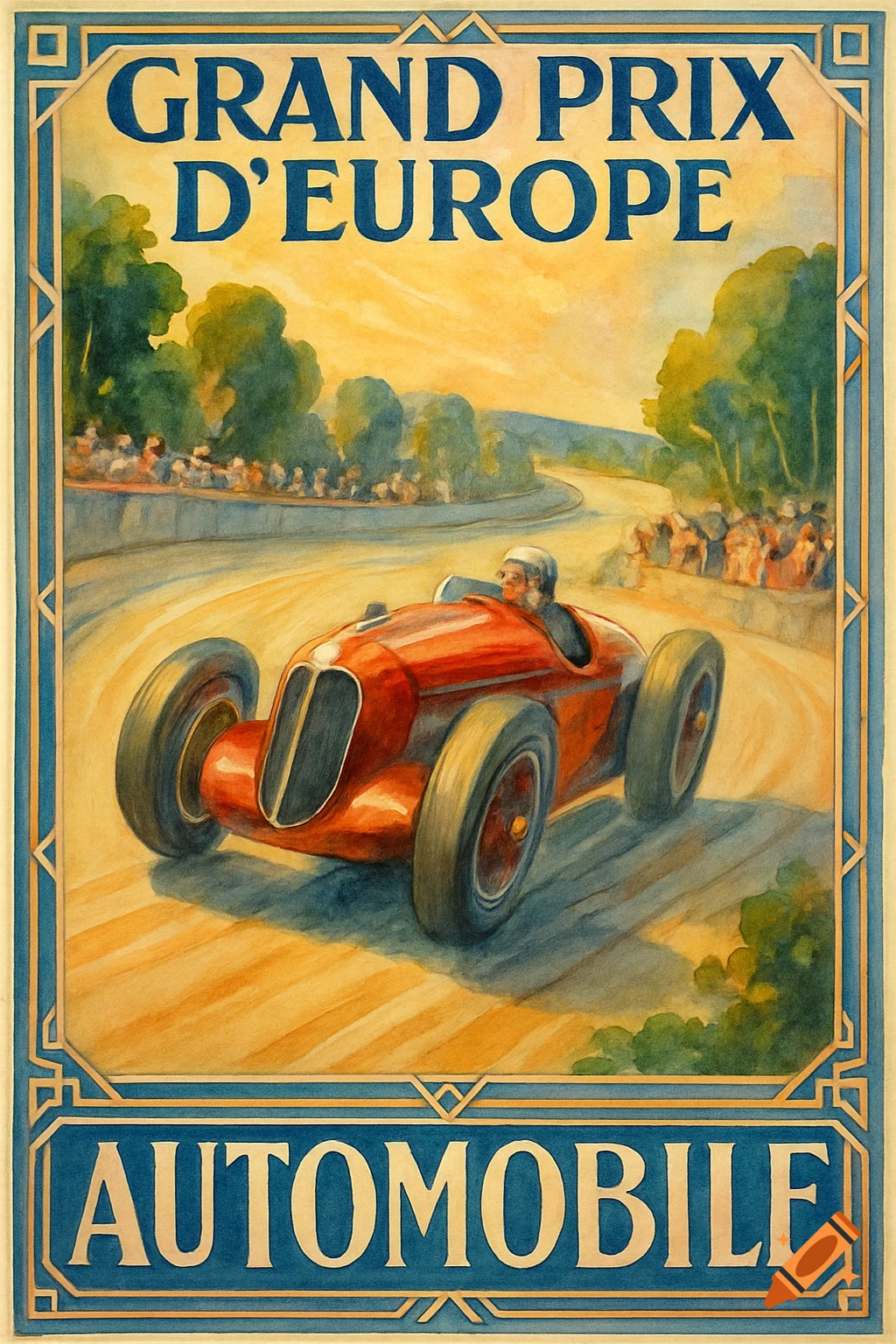 A vintage watercolor art deco poster advertising the Grand Prix d'Europe, featuring a red race car on a track with spectators.