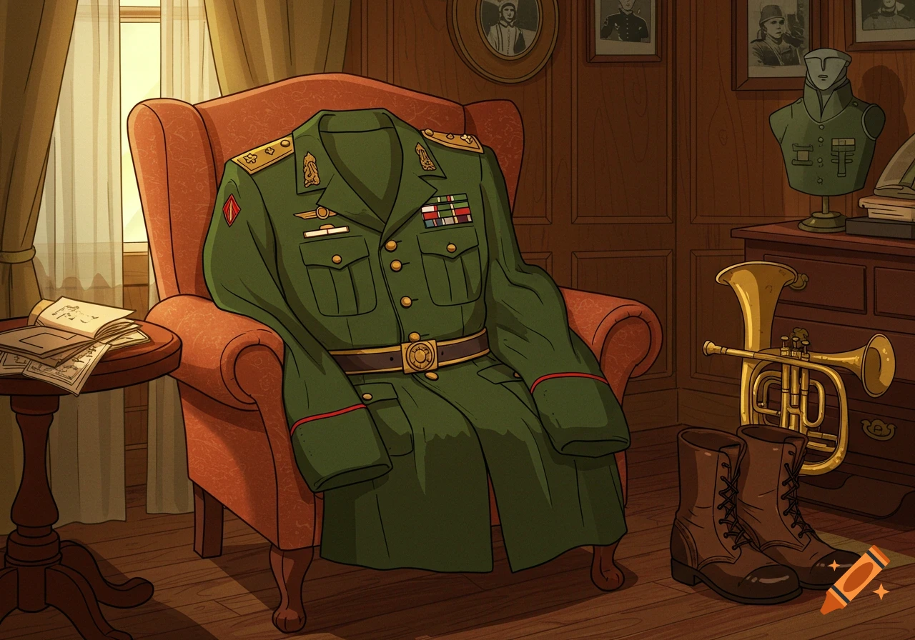 A cartoon military uniform draped over a red armchair in a room with boots, a brass instrument, and framed pictures.
