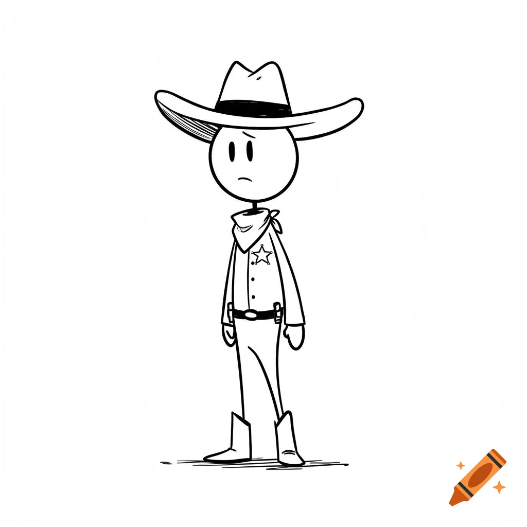 A black and white stick figure drawing of a sheriff wearing a cowboy hat and badge, standing idly.
