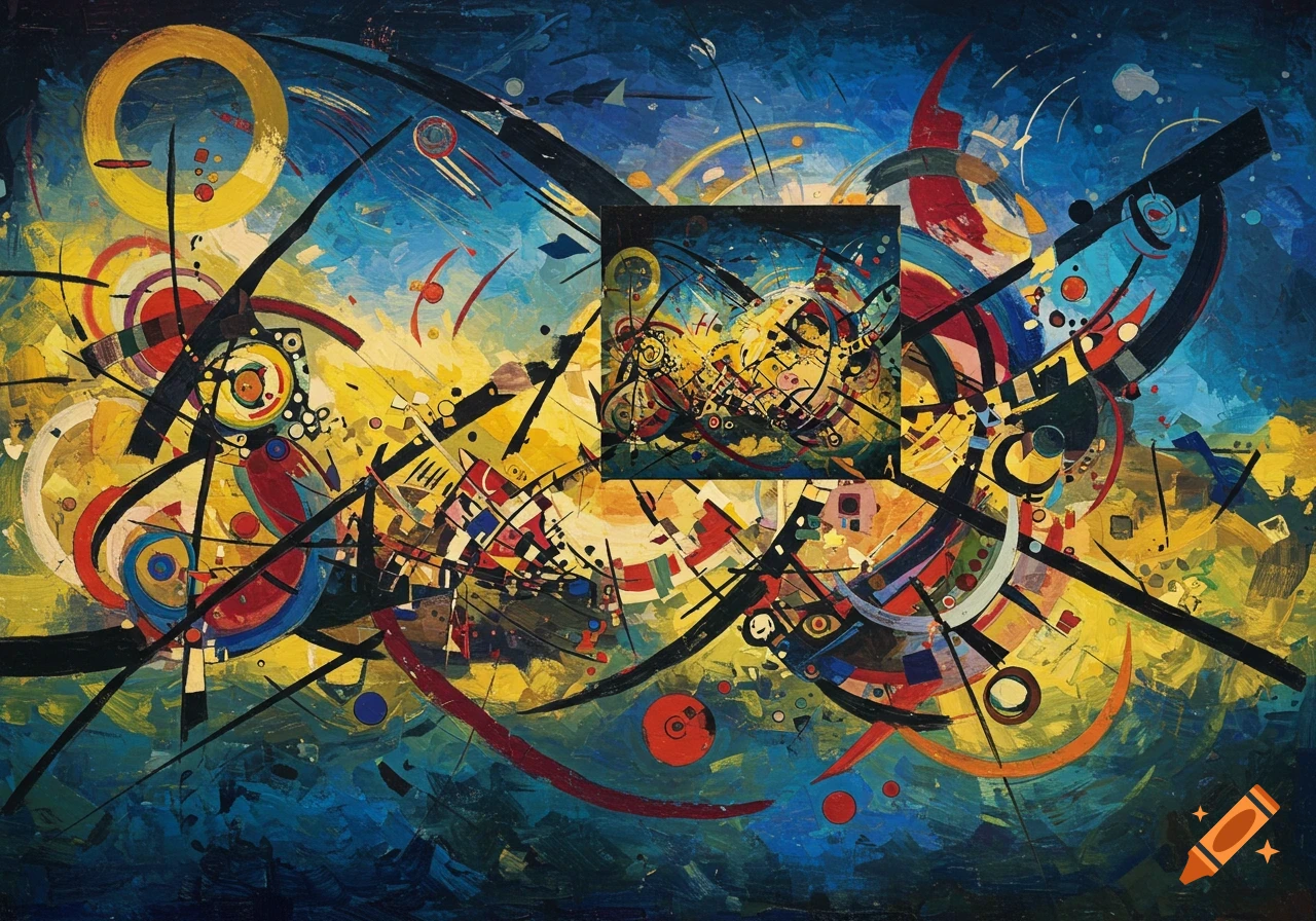 Dynamic abstract painting in Kandinsky's style, featuring a vibrant mix of blue and yellow, geometric shapes, and a central inset image.