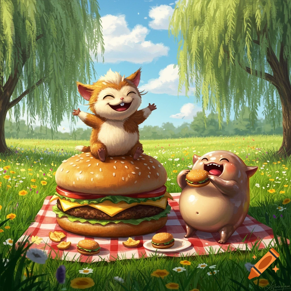 Two happy cartoon creatures picnic in a sunny field. One sits on a giant burger, another eats a burger on a checkered blanket.
