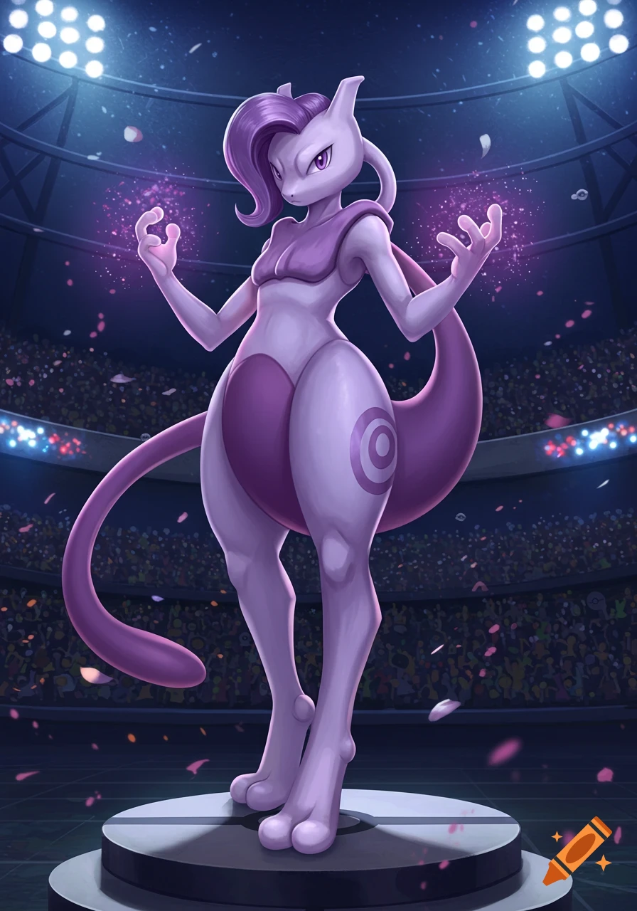 Illustrated Mewtwo, with purple hair and a top, stands on a podium in a stadium with glowing hands and purple energy.