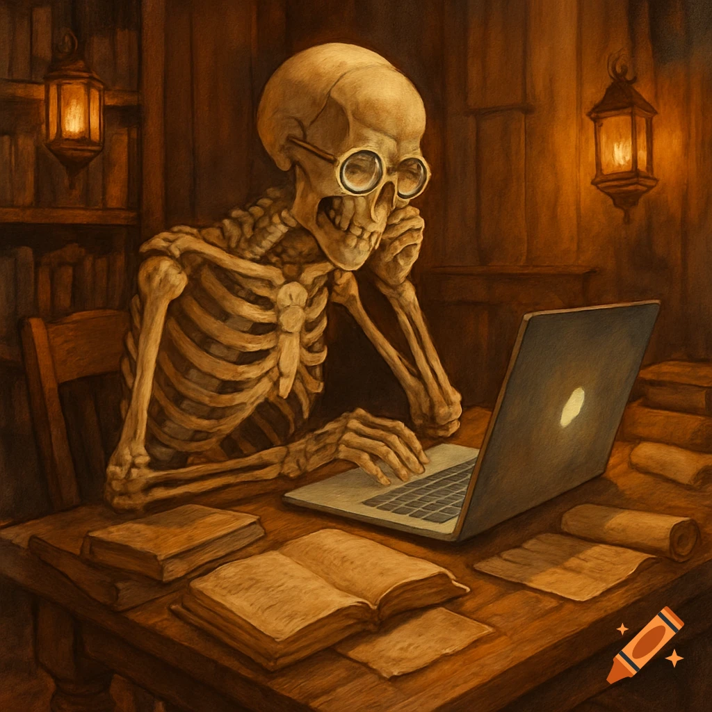 A whimsical illustration of a skeleton wearing glasses, sitting at a wooden desk with a laptop and open books in a cozy, warmly lit study.
