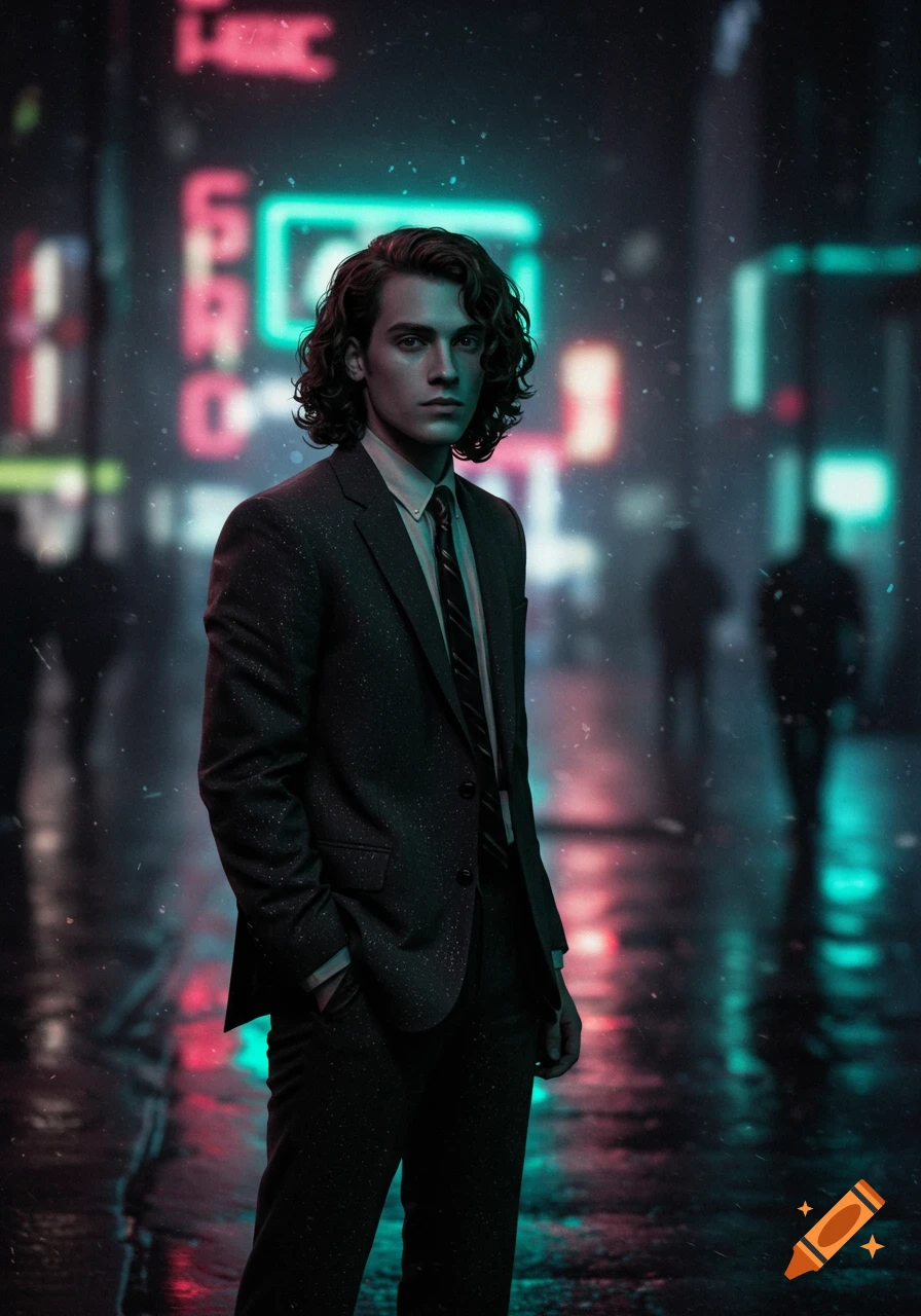 A man with curly hair in a suit stands in a rainy, neon-lit cyberpunk city street at night.