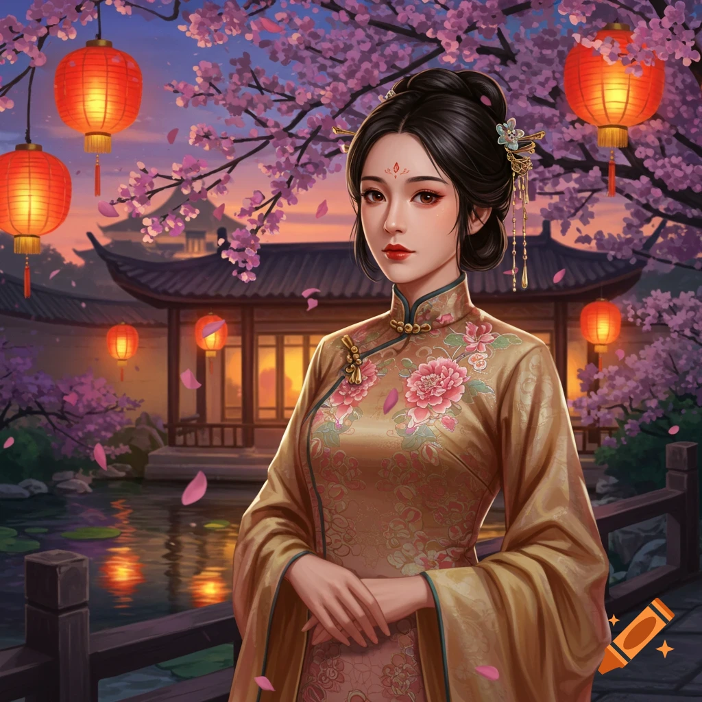 A digital painting of a Chinese woman in traditional golden attire, standing in a garden with red lanterns and cherry blossoms at dusk.