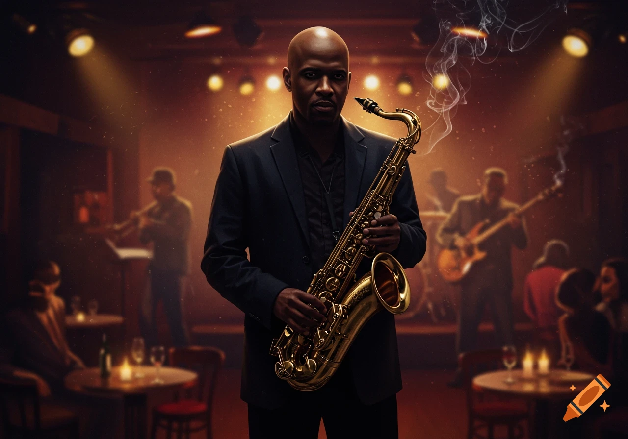 A bald man in a suit holds a saxophone in a dimly lit jazz club with blurred musicians and patrons in the background, photorealistic style.