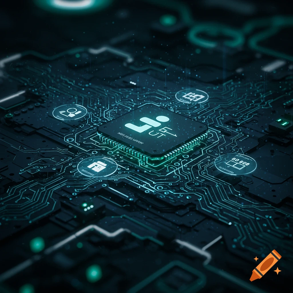 Close-up, high-angle view of a glowing green and blue circuit board with a central CPU chip and interconnected pathways, rendered in a dark, futuristic style.