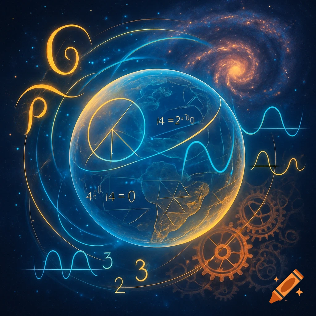 A glowing blue and orange transparent Earth-like sphere surrounded by abstract mathematical symbols, equations, waves, and gears. A spiral galaxy is in the dark background.