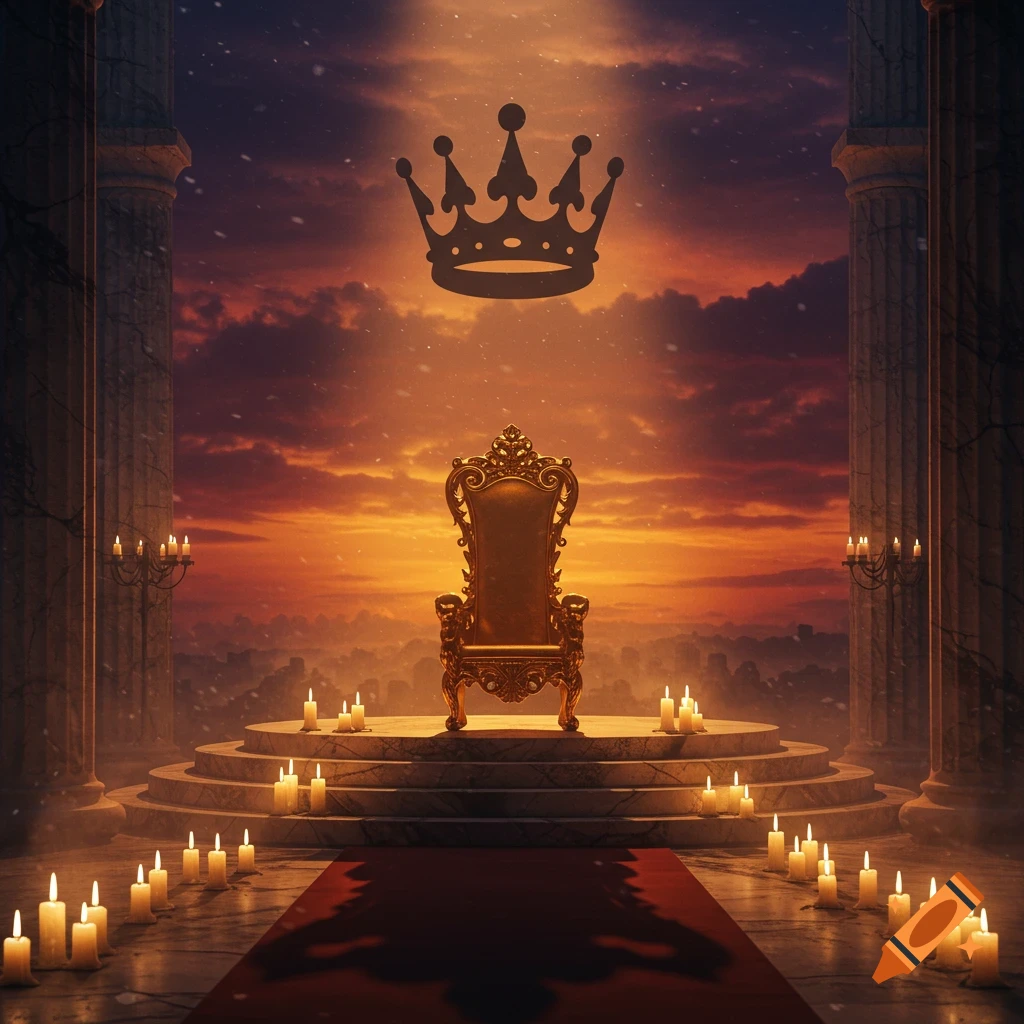 A golden throne on a candle-lit platform between pillars, under an orange sunset sky, with a large crown symbol floating above.
