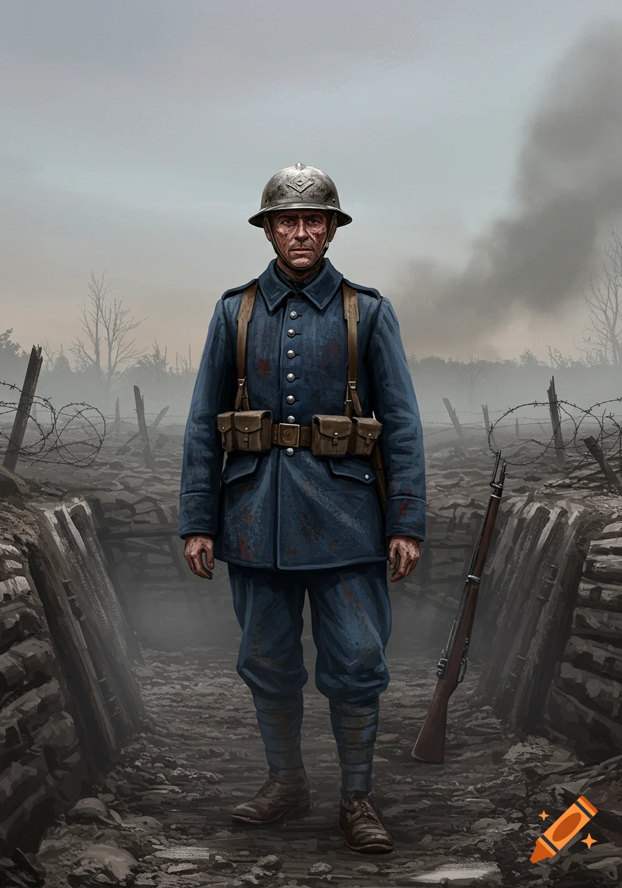 An illustrated French soldier from 1916 stands in a muddy WWI trench with barbed wire and a rifle.