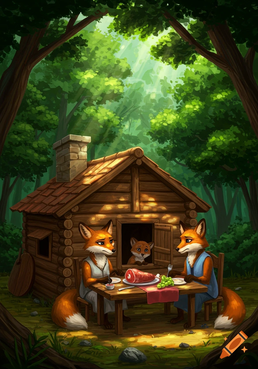 Two adult and one young anthropomorphic fox eat a meal at a table outside a wooden cabin in a sunny forest, illustrated.