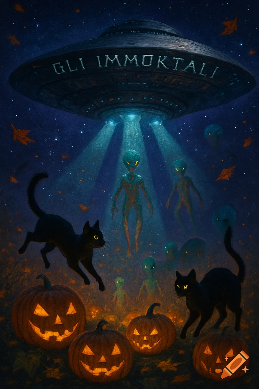 A Halloween scene with a UFO beaming aliens onto a field with black cats and glowing jack-o'-lanterns at night.
