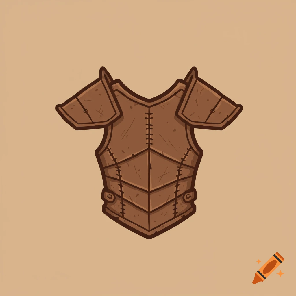A simple brown leather armor icon on a light beige background, featuring stitching and shoulder pads.