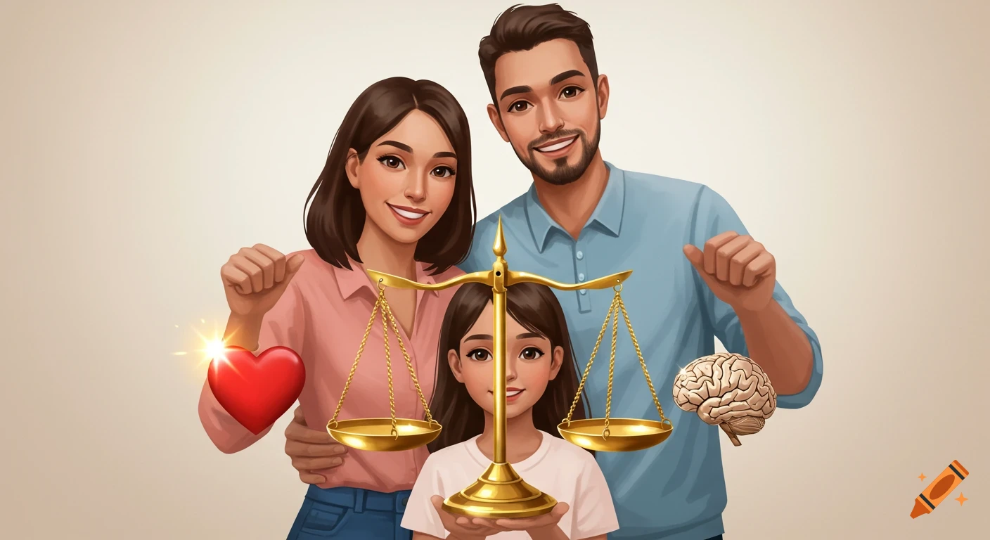A smiling cartoon family holding golden scales of justice balancing a red heart and a brain.