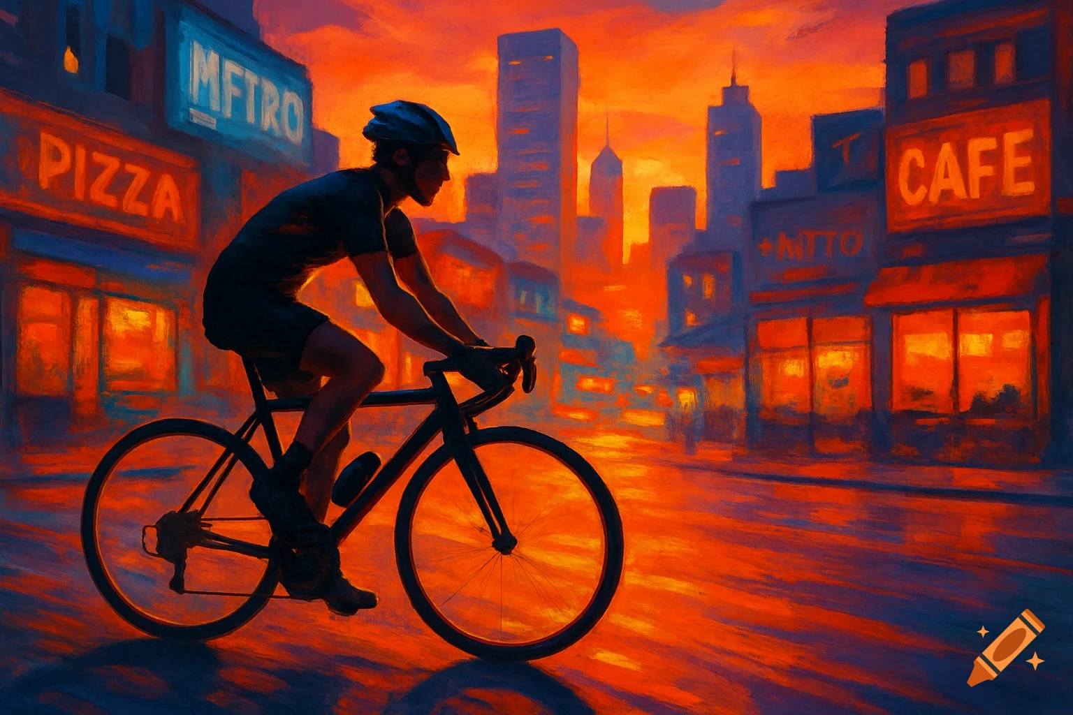 A cyclist rides a bike through a city street at sunset, depicted in an impressionistic painting style with vibrant orange and blue tones.