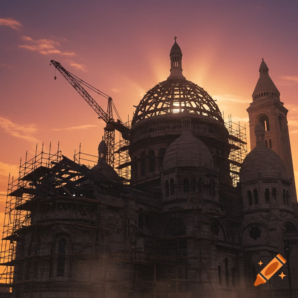 Photorealistic image of Sacré-Cœur Basilica under construction at sunset, with scaffolding, a crane, and its half-built dome visible.