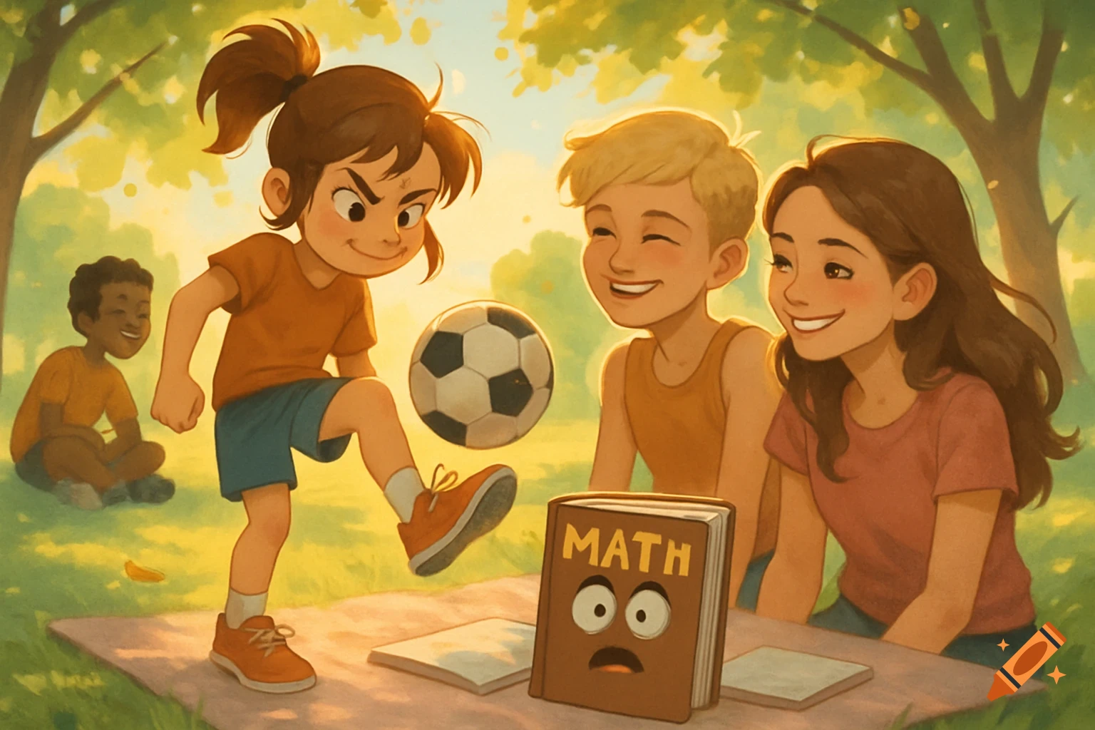 An illustration of a girl dribbling a soccer ball while friends watch, with a 'MATH' book with a face on a picnic blanket nearby.