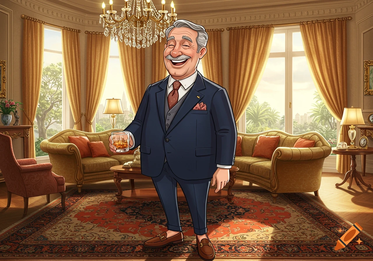 A happy, cartoon-style older man in a suit holds a whiskey glass in a luxurious living room.