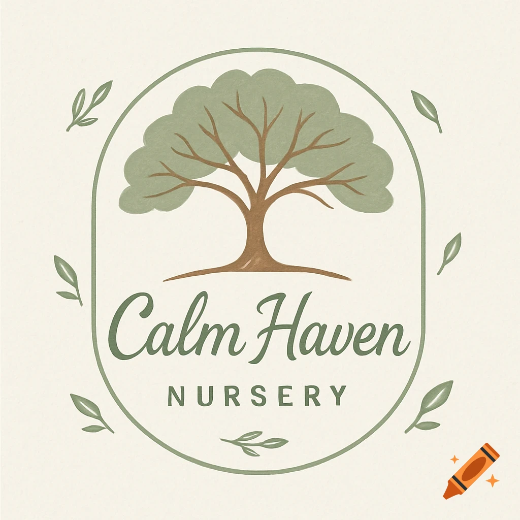 A rustic green and brown logo for 'Calm Haven Nursery' featuring a tree inside an oval frame, surrounded by leaves.