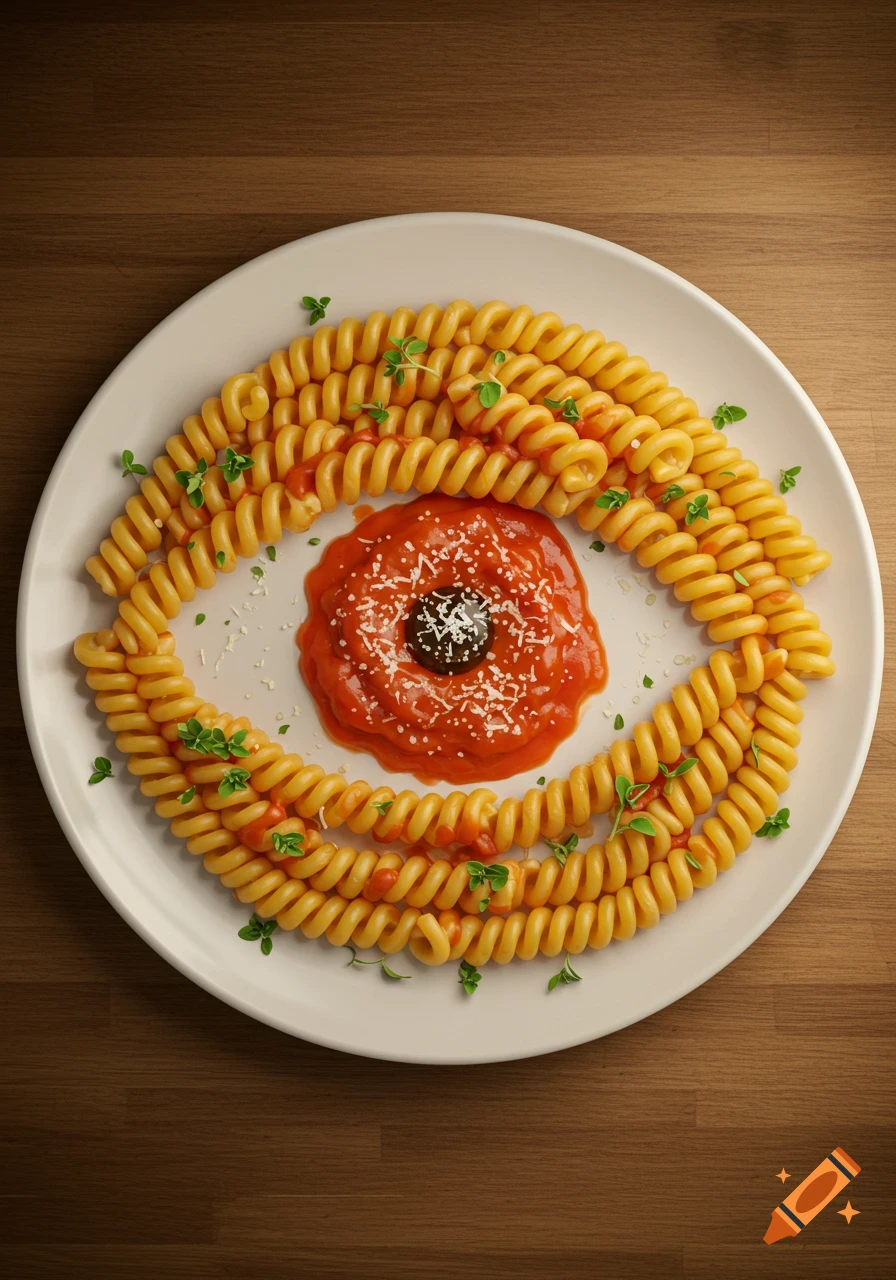 Overhead view of fusilli pasta arranged into an eye shape on a white plate, with tomato sauce, grated cheese, and a dark olive pupil.