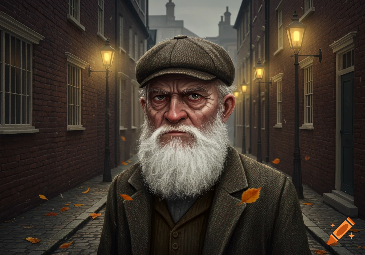 Grumpy old man with a white beard and cap stands in a gaslit brick alleyway with fallen autumn leaves.
